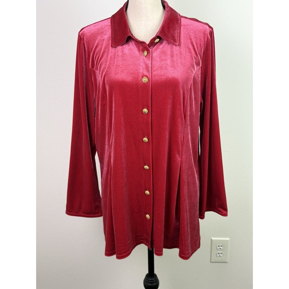 Soft Surroundings Enchanted Red Velvet Button Front Shirt XL Festive Holiday